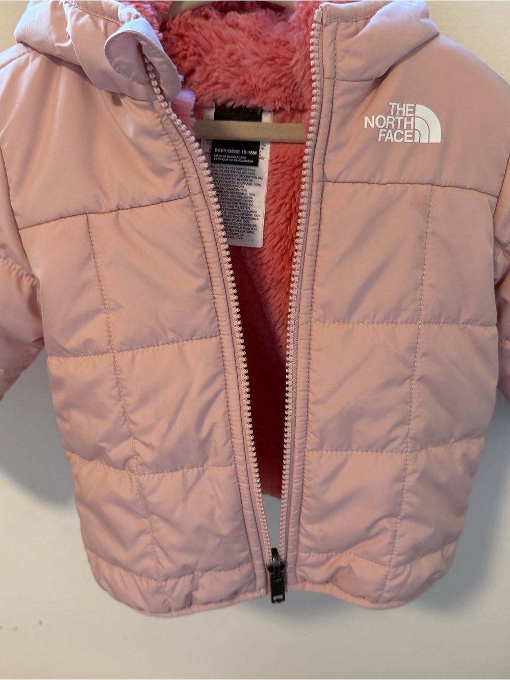 The North Face Baby Light Pink Reversible Puffer Jacket with Hood
